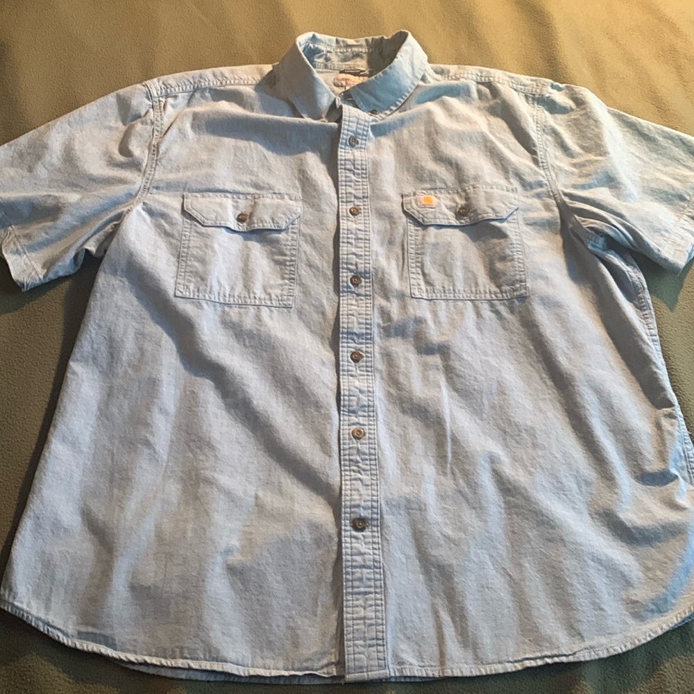 Men’s Carhartt light blue, short sleeve button up. Washed, never worn. Size 2XL